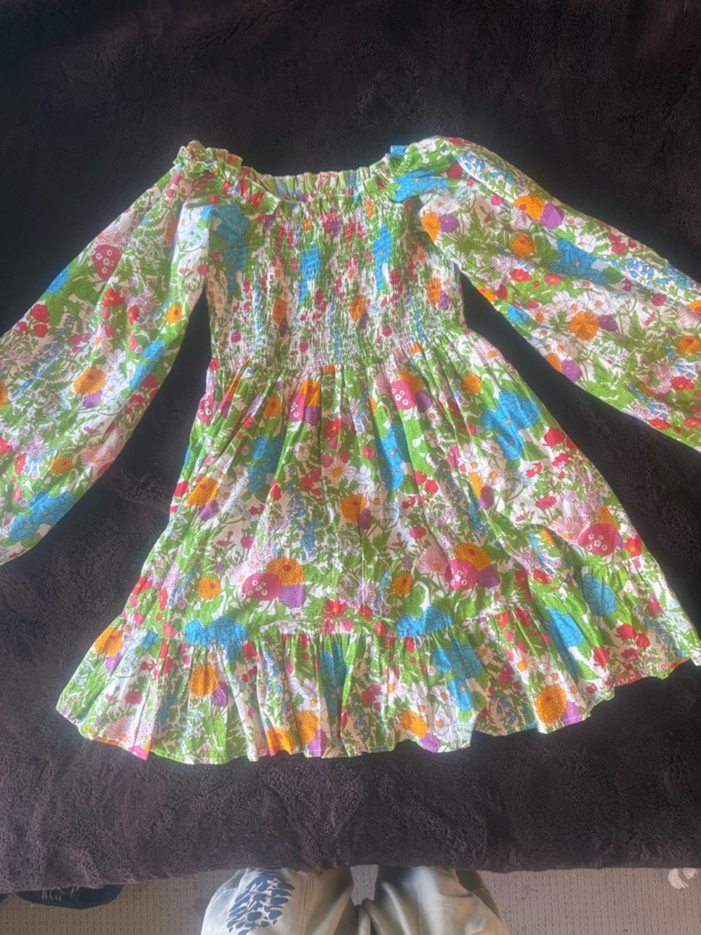 Floral Smocked Off-Shoulder Mini Dress in Green